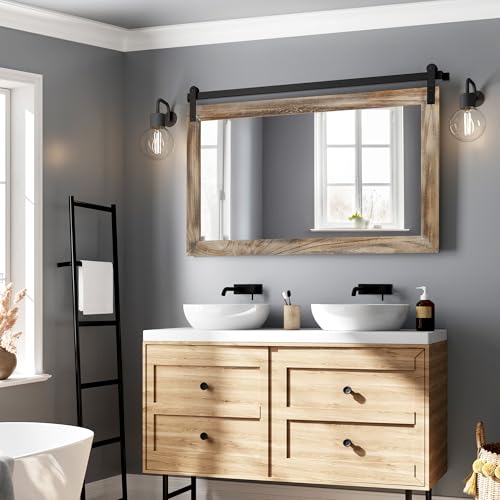 Image of COGOOD Farmhouse Barn Door Mirror - 41 inch x 26 inch Rustic Wood Framed Wall Mirror for Bathroom, Living Room, Entryway Wall Decor (Striped Brown)