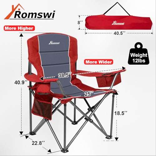 Image of Romswi Oversized Camping Chairs,Heavy Duty Support 500 LBS,Padded Back & Arm Sport Chairs, Cup Holder Cooler Bag, Collapsible Folding Chairs for Outdoor, Fishing & Garden, Red,2-Pack