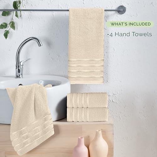 Image of Elegant Comfort 100% Turkish Cotton 4 Lines Viscose Stripe Luxury 4 Pack Hand Towel Set - Ultra Absorbent and Soft 16 x 28 Inch Premium Hotel Spa Quality Towels for Everyday Bath Use, Ivory