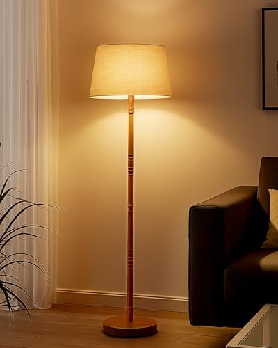 Image of Homesake Mid Century Modern Floor Lamp for Living Room | Hand Turned | Corner Lamp for Living Room, Stand Lamp with Fabric Lampshade for Bedroom, Study Room and Office, (Off-White)