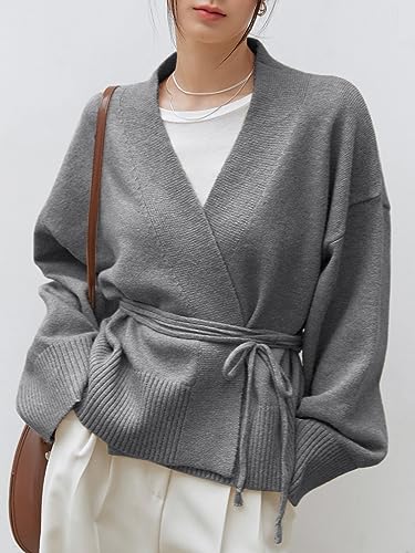 Fall Sweaters Coat for Womens Cardigan - Drop Shoulder Belted Cardigan V Neck Wrap2