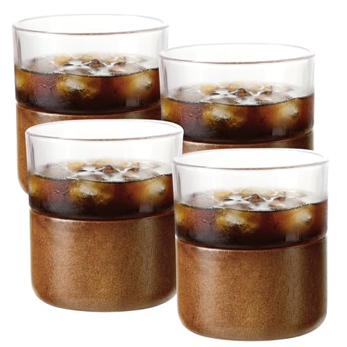 USEEKRIL Glass Coffee Glass Set of 4 with wooden Sleeve,9OZ Classic Heat Resistant Coffee mug for Cappuccino, Latte, Espresso Coffee and Juice Tea
