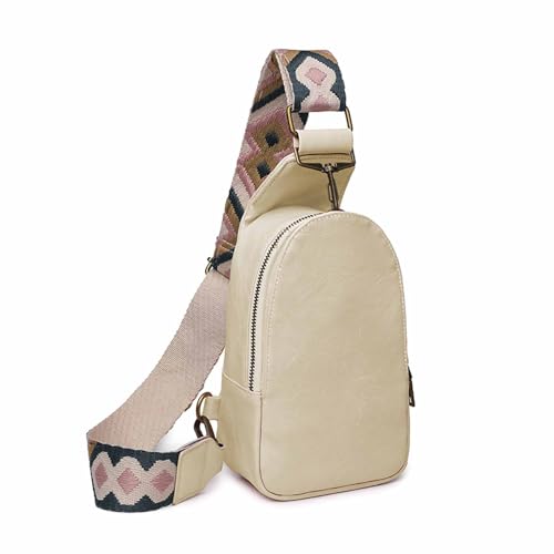 Baolab Women Chest Bag Sling Bag Small Crossbody PU Leather Satchel Daypack for Lady Shopping Travel Fashion Shoulder Strap (Beige)
