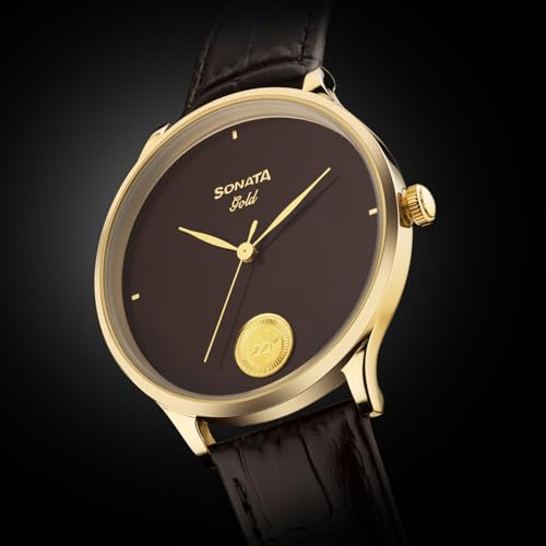 Image of Sonata Gold with Quartz Analog Regal Maroon Dial with 0.15 Gm 22 Karat Tanishq Gold Coin On Dial Brown Leather Strap Watch for Men - 7153YL03