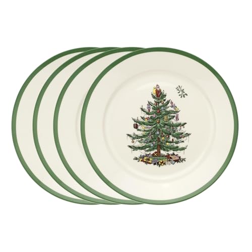 Spode Christmas Tree Luncheon Plate, Set of 4 - Festive Holiday Dinnerware, Ideal for Sandwiches, Sides & Desserts, 9-Inch Porcelain Plates - Winter Dining Room Decor for Seasonal Home Accents