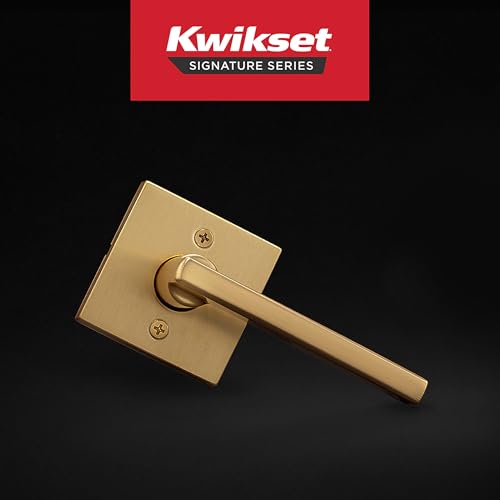 Image of Kwikset Halifax Dummy Door Handle, Single Sided Lever for Closets, French Double Doors, and Pantry, Satin Brass Non-Turning Reversible Interior Push /Pull Lever, with Microban Protection