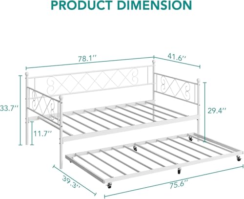 Image of Garvee Daybed with Trundle, Trundle Bed Twin with Heart-Shaped Headboard, Sturdy Metal Sofa Bed, Heavy-Duty Metal Bed Frame Support, for Living Rooms, Bedrooms, and Guest Rooms, Easy Assembly