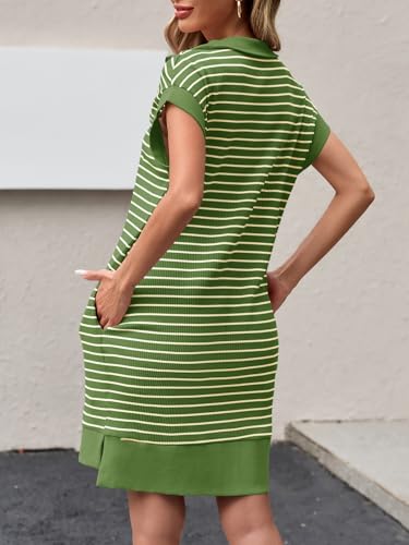 Image of Wenrine Womens Striped Mini Dress Casual Zipper Cap Sleeve Collared V Neck Loose Knit Summer Dresses
