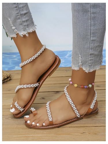 GORGLITTER Women's Pearl Strappy Flat Sandals Beaded Ankle Strap Toe Ring Trendy Dressy 2025 Sandal3