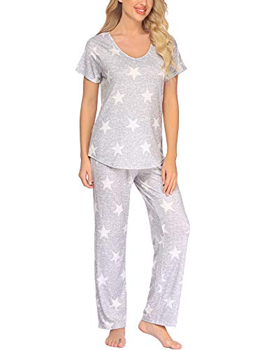 Ekouaer Women's Pajamas Set V-Neck Short Sleeve Tops with Long Pants 2-Pieces Soft Sleepwear Pjs Sets