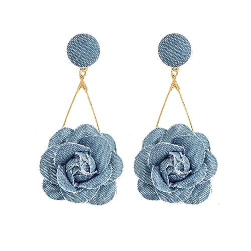 Blue Denim Camellia Flower Earrings