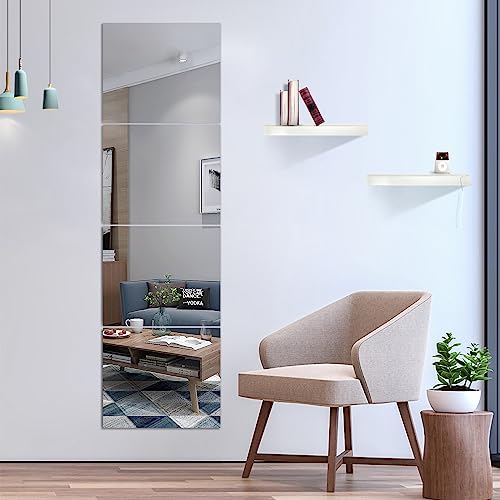 Image of JEOYOO HD Glass Rectangular Full Length Mirror Tiles- Set of 4,14'' x 12''-Silver Frameless Wall Decor for Bedroom,Home Gym Mirrors,Full Body Mirror Stickers,Large Wall Mounted Mirrors,Long Mirrors