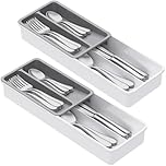 Lifewit Cutlery Drawer Organiser, 2 Tier Cutlery Tray for Kitchen, Utensil Flatware Silverware Holder, Deep Drawer Organiser Box for Spoons Forks Knives, Tableware Storage, White&Grey, 2 Pack