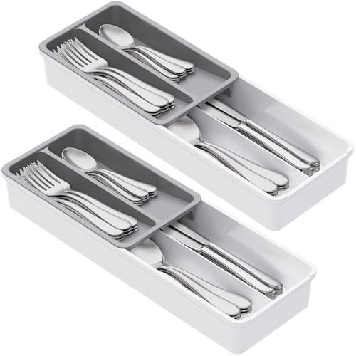 Lifewit Compact Silverware Organizer for Kitchen Drawer, Narrow Flatware Tray Holder, Plastic Cutlery Spoons, Forks and Knives Storage, White&Gray, 2 Pack