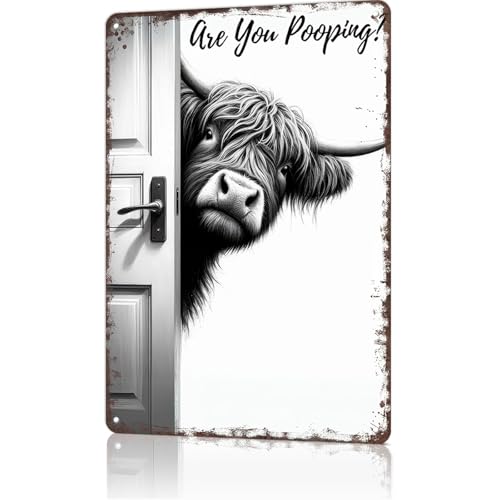 8x12 Inch Vintage Highland Cow Metal Sign Funny Bathroom Wall Art with Are You Pooping? Quote Unique Western Farmhouse Decor for Cow Lovers