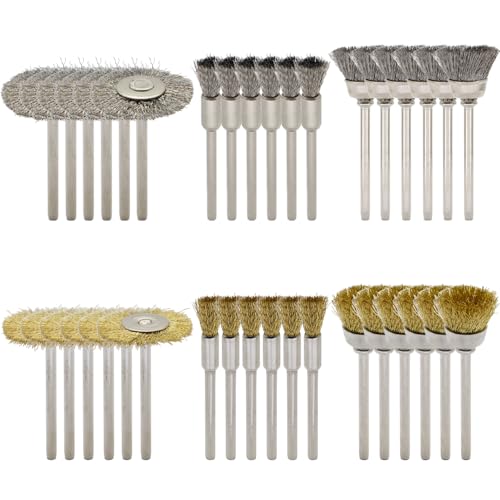 36-Piece Wire Brush Set - Metal Rust Removal, Polishing, Cleaning - Shaft 1/8″ (3mm) - Removes Burrs, Dust, and Oxide Layer - Handles Rough Surfaces - Designed for Industrial and DIY Enthusiasts