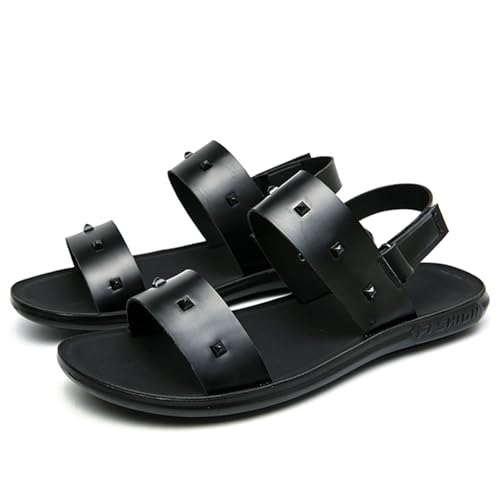 Men's Studded Sandals Black Leather Sandals with Adjustable Back Straps Summer Casual Beach Comfort Slides
