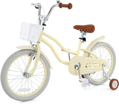 HOMGX 14”/16”/18” Kids Bike for Boys & Girls Aged 3-8 Years Old w/Training Wheels, Basket, 95% Pre-Assembled (Beige, 18