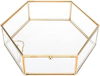 Hexagon Gold Vintage Jewelery Glass Box,Large Hexagon Display Glass Lidded Box, Gift Organizer Holder for Keepsake Case Bracelet Rings, Earrings, Necklaces, Wedding and Home Decor