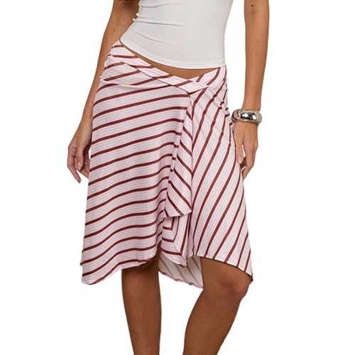 Women Flowy Midi Skirt Y2k Low Rise Stripe/Plaid Print Asymmetrical Wrap Skirts Elegant Ruffled A-line Skirt