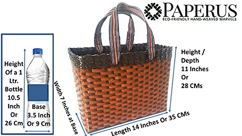 Image of Paperus, Large, Dark & Light Brown, Lunch Bag, Picnic Basket, Carry Bag, Tiffin Basket for Office, Rectangular, Eco-Friendly, Handmade, of Paper Ropes, in Inch 11 H, 14 L, 7 Wide Base