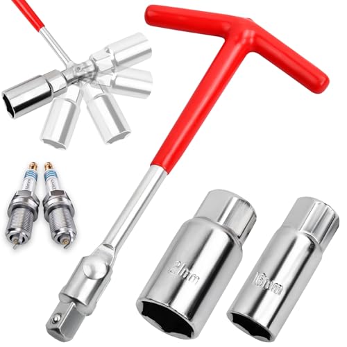 Red T-Handle Stainless Steel Silicone Spark Plug Removal Wrench Tool - 16mm and 21mm Flexible Spanner Spark Plug Wrench for Fastening and Demolition