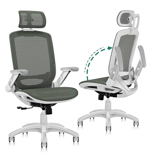 GABRYLLY Ergonomic Office Chair, High Back Home Desk Chair with Headrest, Flip-Up Arms, 90-120 Tilt Lock and Wide Cushion, 400LBS Mesh Chairs for Man Woman, White Task Chair(Olive Green,GY01WOG)