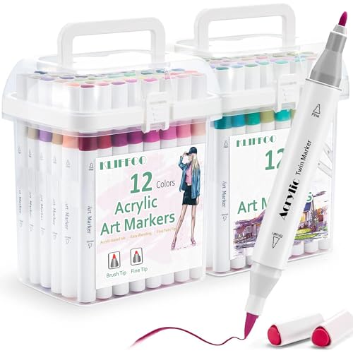 Image of KLIFFOO 12 Colors Dual Tip Acrylic Paint Markers Set with Carrying Case For Painting Sketching Calligraphy Drawing, Permanent Colouring Marker Pens For Rock, Canvas, Wood, Glass, Ceramic, Fabric (12)