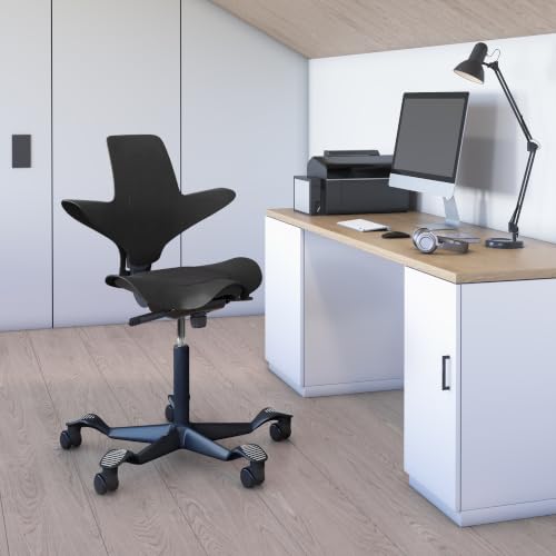 Image of HAG Capisco Puls Adjustable Sit to Stand Desk Chair - Black Frame - Black Partial Cushion