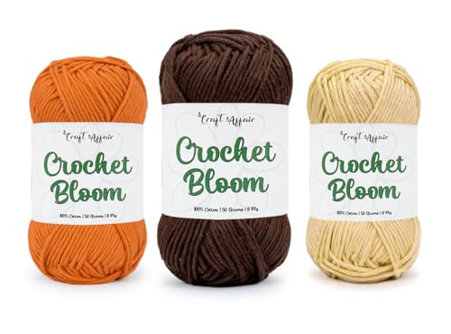 Image of Craft Affair | Crochet Bloom Cotton Yarn 8ply (Each Color 2mm, 77Meter, 50Gram) 100% Pure Cotton | for Knitting Yarn | Craft & DIY Project: Orange, Coffee, Beige