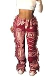 Yeshire Women's Hippie Tassel Pattern Printing Elastic Pants Folk Style Pants Party Music Festival Wear Medium Red