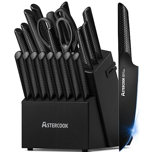 Astercook Knife Set, 15 Pieces Kitchen Knife Sets with Block and Built-in Knife Sharpener, German Stainless Steel Handle One-Piece Design Knives Block Set Dishwasher Safe, Black 15 Piece - B