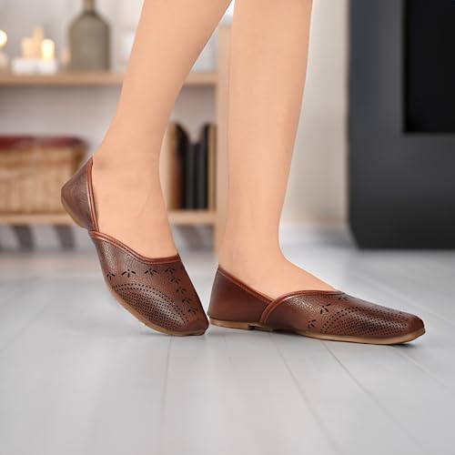 Image of Duosoft Women's Leather Ballet Flats, Black Perforated Design, Comfort Cushioned Insole, Slip-On Style Bellies Dw-201-Tan