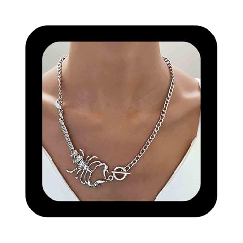 Allereya Collana Ciondolo Scorpione in Cristallo Vintage Collana Scorpione Strass Punk Cz Collana Girocollo Scorpione esagerato Collana Barra T in Argento Gioielli per Donne e Ragazze (Argento)