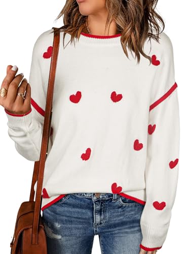 Women's Heart Sweater Crew Neck Casual Long Sleeve Loose fit Love Print Ribbed Knit Sweaters Pullover Top White M