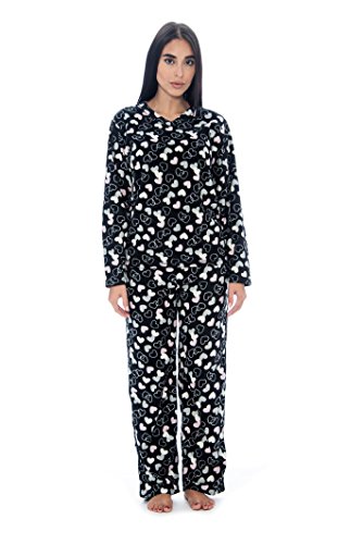 Womens Pajama Sets 2 Piece Long Sleeve Cute Sleepwear Button Up Fleece Pjs Black