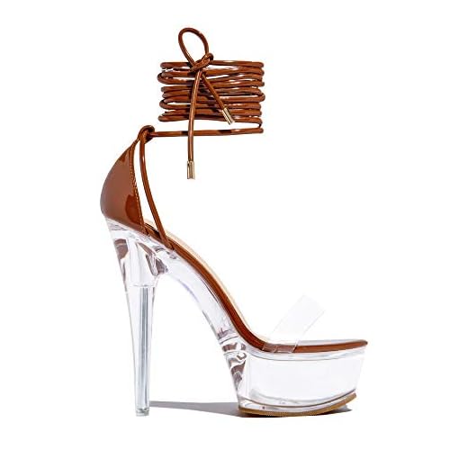 MissHeel Strappy Platform Heels Exotic Clear 6 inch Heels for Women Sexy Stiletto Heels Brown Dance High Heels Lace Up Heeled Sandals Party Dancing Size 7