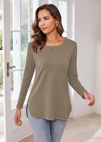 Image of Herou Women's Casual Long /Short Sleeve T Shirt Crewneck with Side Split Fall Pullover Loose Tunic Sweater Tops