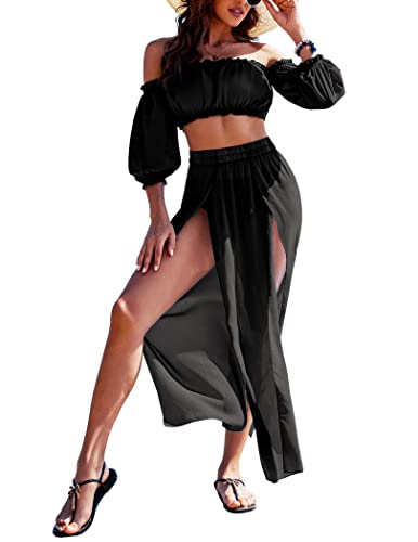UNibelle Women Sexy Beach Dress 2 Piece Outfits Crop Top High Split Mesh Skirt Dresses Sets Black UNibelle Women Sexy Beach Dress 2 Piece Outfits Crop Top High Split Mesh Skirt Dresses Sets Black