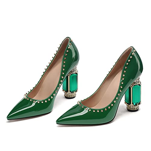 JANSEVEN Women Chunky Heels Pumps Crystal Block Heels with Rhinestones Rivet Pointed Toe Sexy Gradient Patent Leather Slip on Bridal Party Wedding Dress Shoes 5-13 M US4