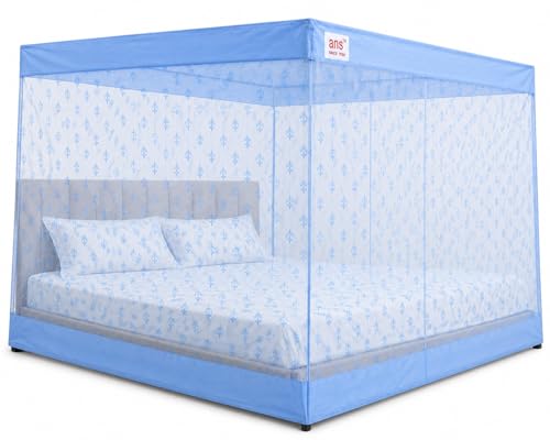 Image of ANS Premium Floral Mosquito Net for Double Size Bed with Cotton Border | 6.5 x 6.5 Ft | Height 5 Ft | Fine Mesh Breathable Fabric | Easy Hanging Box Type Mosquito Net for Family (Sky Blue Floral)