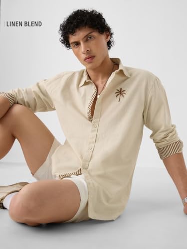 Image of The Souled Store Solid Linen: Beige Color Men and Boys Regular Outdoor Fit Full Sleeve Collared Neck Spread Collar Casual Wear Stylish Comfortable Premium Elegant Cotton Shirts