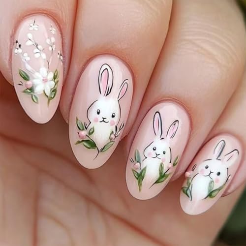 24Pcs Easter Bunny Press on Nails Short Almond Fake Nails with Cu...