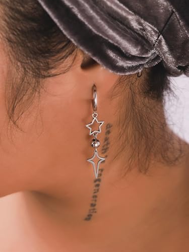 Sacina Silver-tone Spike Hoop Star Earrings, Grunge Emo Punk Y2k Gothic Earrings, Christmas Jewelry Gift for Women3