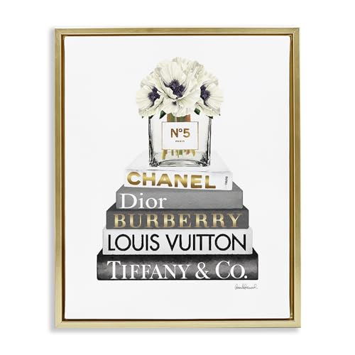Image of 'White Poppies Grey Fashion Books'| Floating Frame Canvas Art | Stupell Industries | Gold, 17 x 21 Inches, Easy to Hang and Sturdy, Made in USA, by Amanda Greenwood