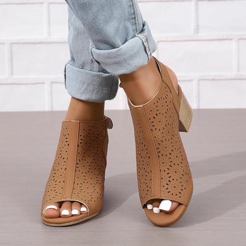 Ladies Cut Out Peep Toe Sandals Slingback Chunky Stacked Heel Ankle Booties Shoes Ankle Strap Low Heel Dress Pumps Sandals3