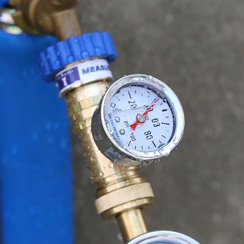 Image of MEASUREMAN Lead-Free Brass Water Pressure Regulator 3 /4 inch GHT, 0-100 PSI Pressure Gauge 1.5 inch Dial x 1 /8 inch NPT Back Mount, Garden Hose Pressure Regulator for RV, Camper, Trailer, Plumbing System