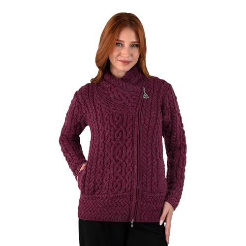 Image of SAOL Irish Cardigan for Women Made of 100% Merino Wool Ireland Sweater Cable Knit Zip Jacket