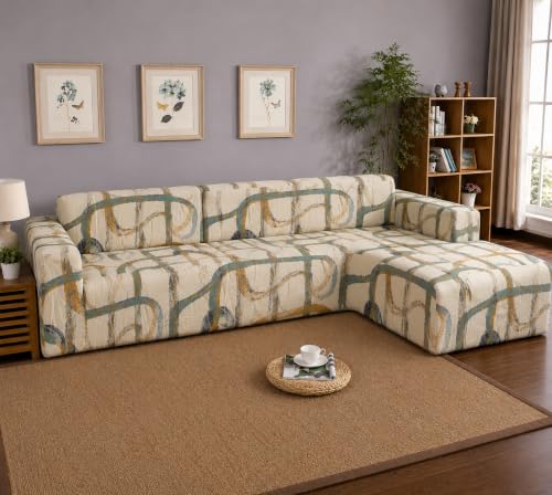 Image of Gifts Island Premium 160GSM Super Soft Beige Art Stretchable Sofa Cover L Shape 5 Seater Fully Covered | Suitable for Both Left and Right Side Chaise Sofa (Beige Art, 3+2 Seater)