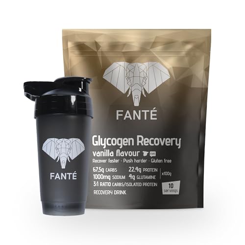 FANTÉ Glycogen Recovery Drink Vainilla | Recuperador Muscular con Ratio 3:1, Carbohidratos, Proteína Aislada y Glutamina | Recovery Drink Post Entrenamiento (Glycogen Vainilla 1 kg + Shaker)